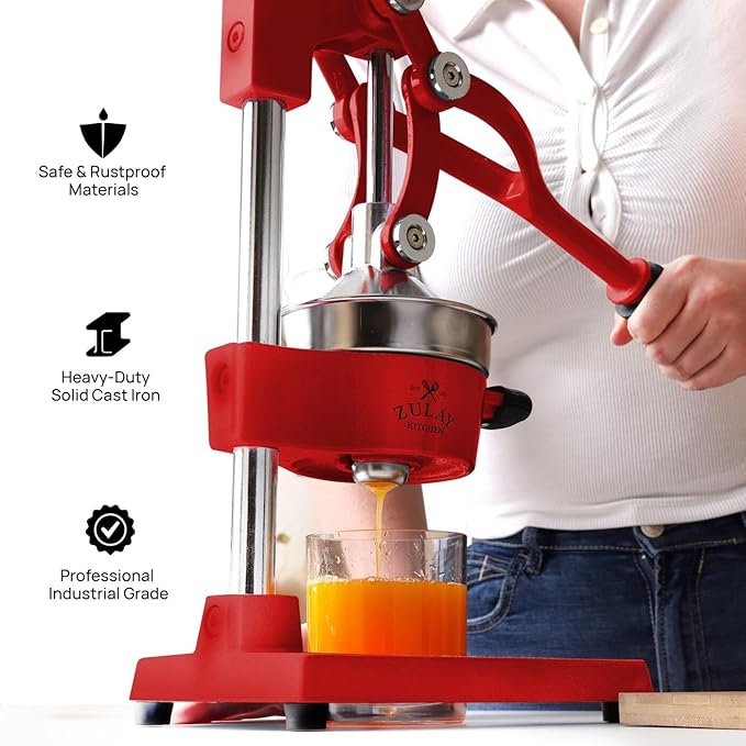 Zulay Kitchen Cast Iron Juicer - Easy-to-Clean Heavy-Duty Manual Juicer, Professional Citrus Juicer - Stainless Steel Lemon Squeezer - Manual Citrus Press & Orange Squeezer - Orange Juicer (Red)