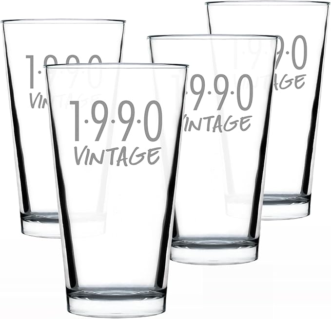 Bevvee Vintage 1990 Pint Glass for Beer - 36th Birthday Gifts for Men or Women Turning 36 - Fun Bday Party Decor - Set of 4-16 oz