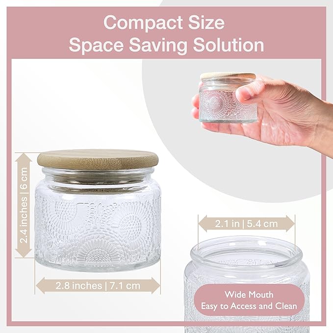 4 oz Amber Mini Glass Jars with Airtight Bamboo Lids 6 pack, Decorative Small Food Storage Canister, Vintage Embossed Home Decor Candle Parties Wedding Baby Shower Favors Gift