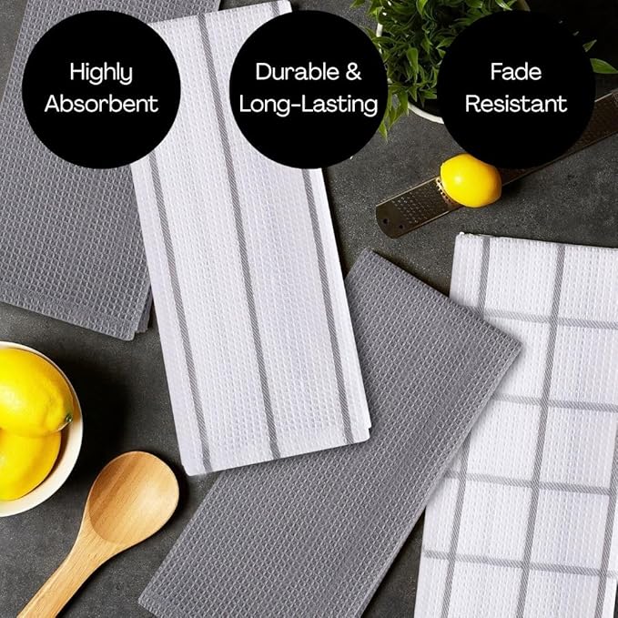 Assorted Waffle Kitchen Dish Towels 100% Cotton Set of 6, Soft Absorbent Quick Drying Table and Kitchen Linen, Tea Towels and Cleaning Towels with Hanging Loop, Dish Towels 15x25 Grey