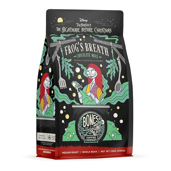 Bones Coffee Company The Nightmare Before Christmas Frog's Breath Flavored Coffee Beans, Whole Bean Coffee Medium Roast Low Acid, Chocolate Mole Flavor (12 oz)