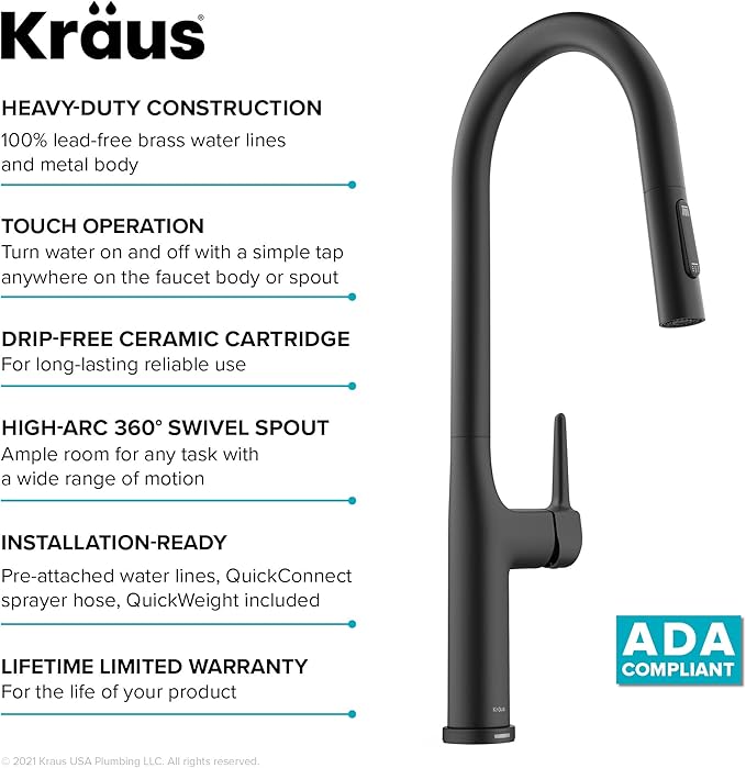 KRAUS Oletto Tall Modern Single-Handle Touch Kitchen Sink Faucet with Pull Down Sprayer in Matte Black, KTF-3101MB
