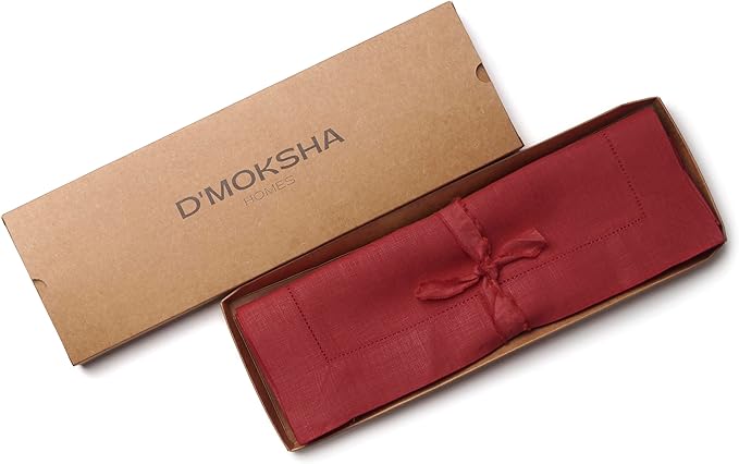 D'Moksha Homes Red Linen Placemats Set of 4 - Classic Hemstitch Placemats 14 x 19 Inch - 100% Pure Linen Table Mats for Valentines, Spring - Handcrafted and Machine Washable