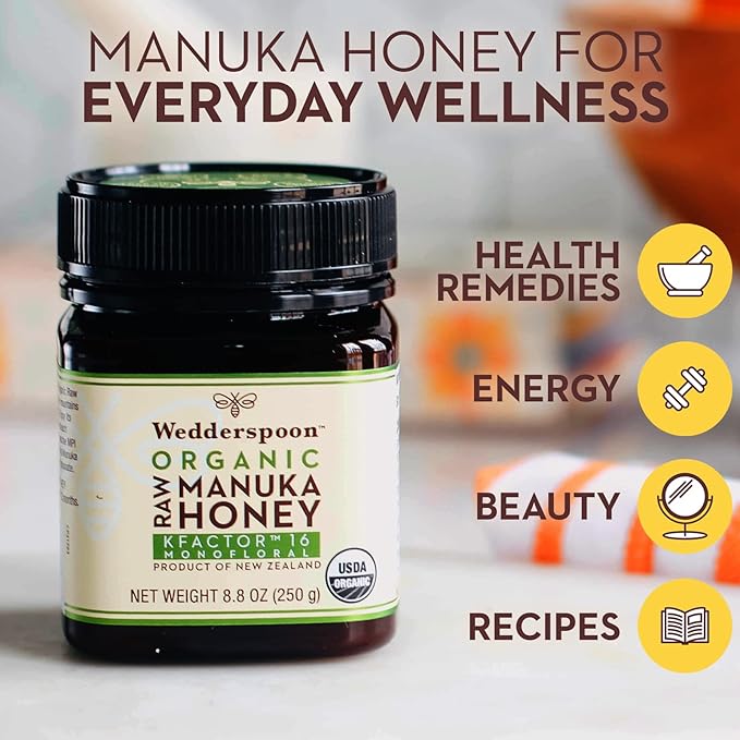 Wedderspoon Raw Organic Manuka Honey KFactor 16+, 8.8 Oz, Unpasteurized, Genuine New Zealand Honey, Multi-Functional, Non-GMO Superfood, Organic Kfactor, Traceable from Our Hives to Your Home