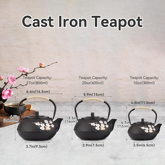 Japanese Cast Iron Teapot, Cast Iron Tea Kettle with Infuser, Plum Blossom Cast Iron Tea Pot for Stovetop Safe Coated with Enameled Interior 27.05oz/800ml