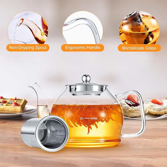 STNTUS Glass Teapot With Infuser, 27 oz / 800 ml for Loose Tea, Stainless Steel Strainer Teapots, Stovetop Safe