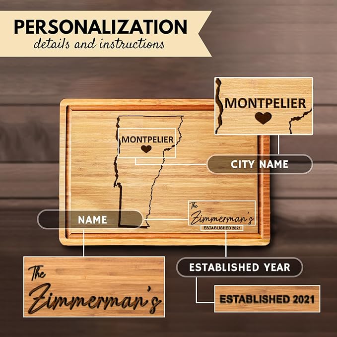 Vermont Cutting Board - Personalized Wooden States Gifts, State Shaped Destination Gifts for Host Family, Bamboo Moving Away Gifts for Home