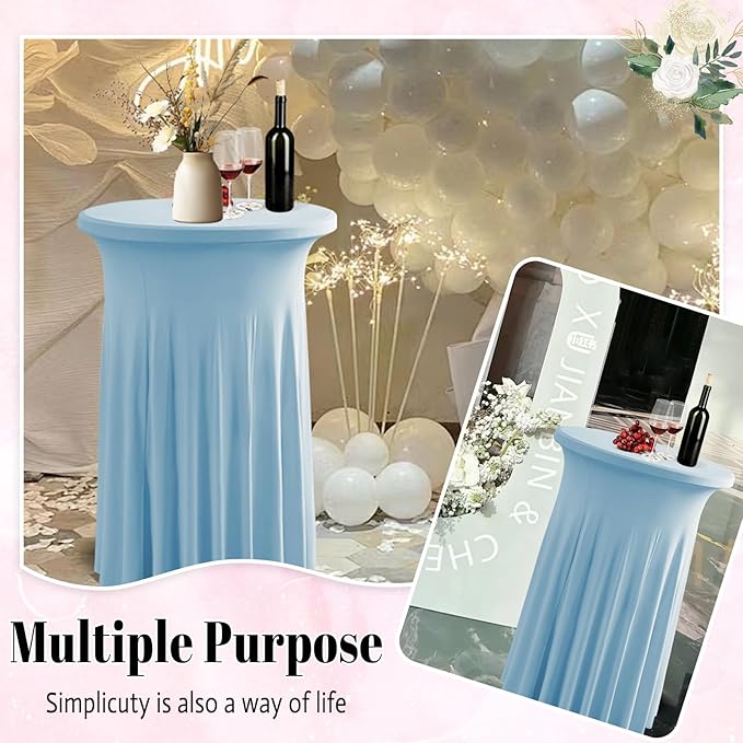Qubjus 2 Pack Round Cocktail Tablecloth with Skirt Stretch Spandex Table Covers 24"x43" Cocktail Round Table Skirt for Party Wedding Birthday Banquet, Light Blue
