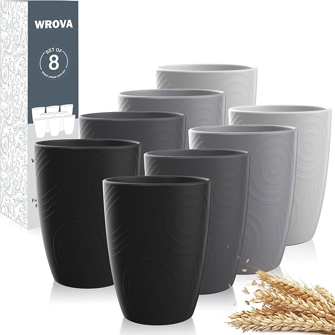 Wrova Wheat Straw Cups 8 PCS Good Alternative to Plastic Cups 12 oz Unbreakable Drinking Cup Reusable Dishwasher Safe Water Plastic Glasses Kids Tumbler with 4 Colors