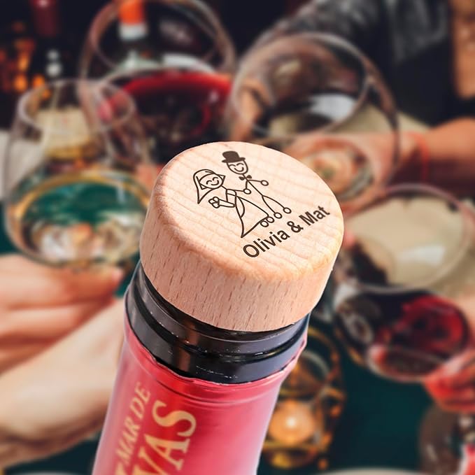 Custom wooden wine bottle stopper for party favors, personalized engraved wedding gifts set, house warming gift new home, It's wine o clock, souvenir presents for guest in bulk (Couple Figures)