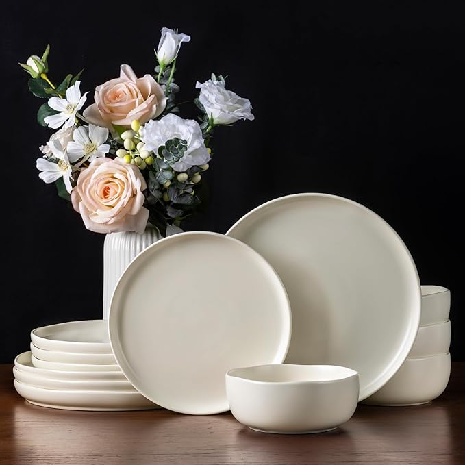 AmorArc Ceramic Dinnerware Sets, Wavy Rim Stoneware Plates and Bowls Sets,Dishwasher & Microwave & Oven Safe Dishes set, Service for 4 (12pc)