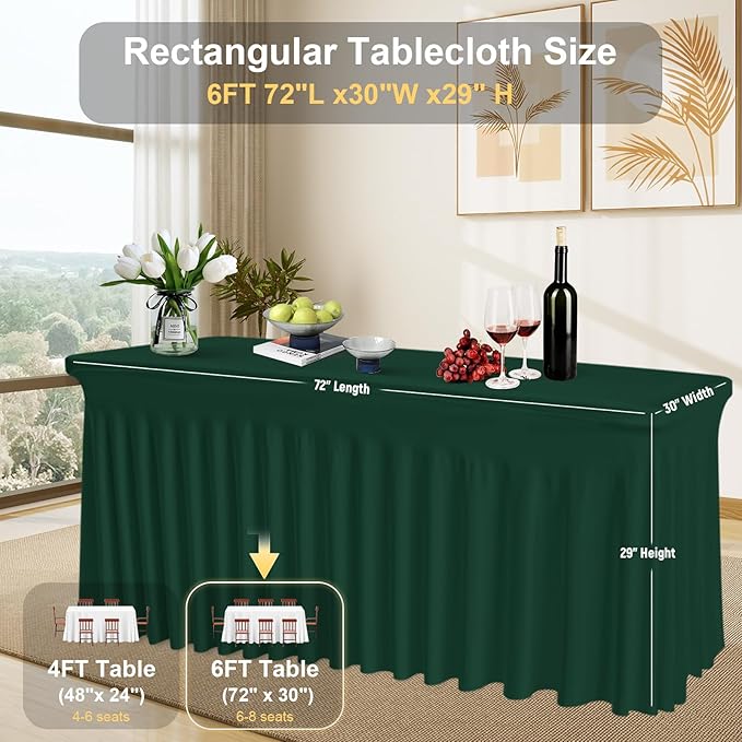 Dark Green Spandex Tablecloth with Skirt – Wrinkle-Free, Fitted Elastic Cover for 6ft Rectangular Tables – Stretch Table Cover for Weddings, Banquets, Parties, Buffets & Restaurants