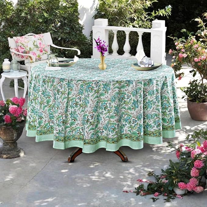Ridhi Block Print Round Sage and Russian Green Reusable Tablecloth 100% Cotton 110" Inch Decorative Table Cover eveyday Dining, Home, Party, Wedding, Farmhouse Gift for Spring, Easter, Valentine