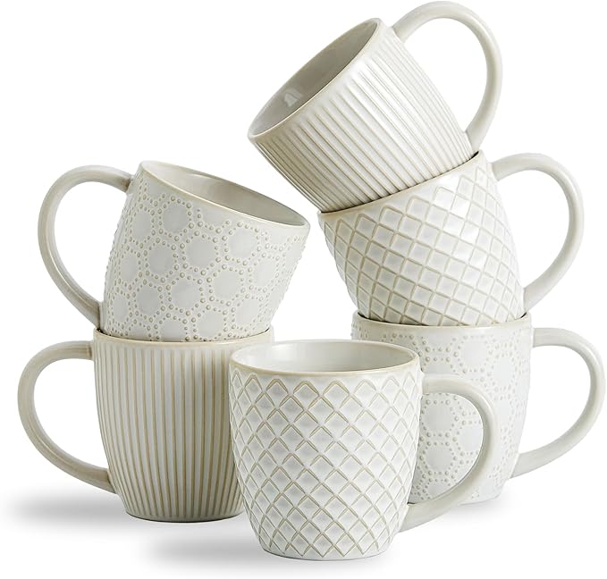 14oz Embossed Ceramic Coffee Mugs - Set of 6, Lead-Free Microwave & Dishwasher Safe Coffee Cups for Wedding Housewarming Coffee Lovers
