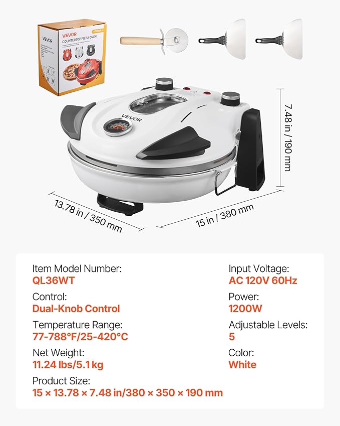 VEVOR Pizza Oven, 12 in Electric Pizza Maker, 1200W Electric Pizzas Cooker with Cordierite Stone, 5-Mode Temperature Control, Viewing Window for Precise Cooking, Heats up to 788 ˚F, for Home (White)