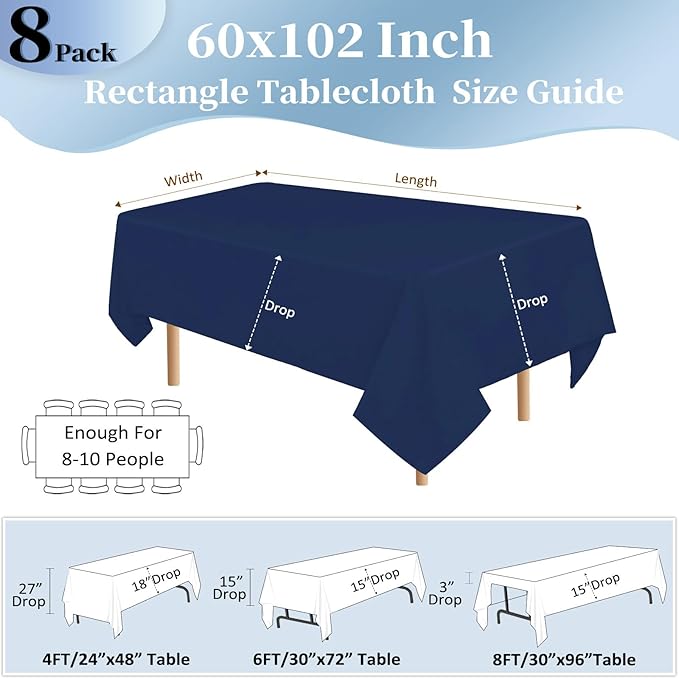 8 Pack Navy Blue Table Cloth 60x102 Inch Rectangle Tablecloths for 6 Foot Rectangle Tables, Wrinkle Resistant Washable Polyester Fabric Rectangular Table Cover for Dining Banquet Wedding Party