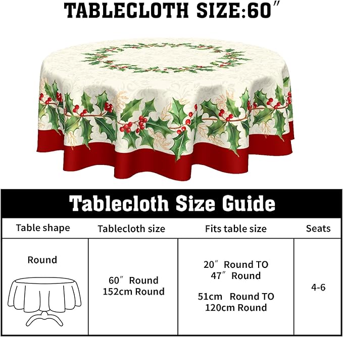 Christmas Round Tablecloth 60 Inch Red Xmas Holly Leaves Berries Pattern Circle Table Cloth Winter Holiday Decorative Table Cover for Kitchen Dinner Home Decor