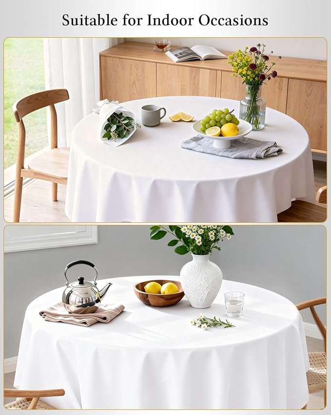 BESTVIP 6 Pack 60 Inch White Washable Round Polyester Fabric Tablecloths - Decorative Table Cover for Wedding Party Dining Banquet, Events, Holiday, Restaurant