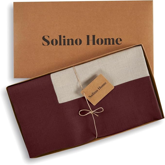 Solino Home Linen Tablecloth 60 x 108 Inch - 100% Pure Linen Burgundy and Natural Rectangular Tablecloth - Machine Washable Table Cloth for Valentines, Winter - Contempo