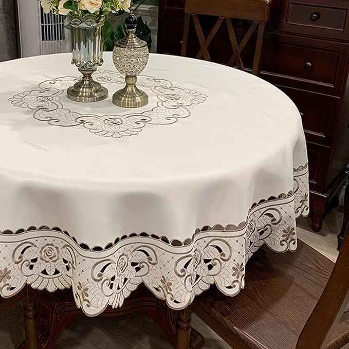 Sandweek Round Table Cloth Flower Embroidered Lace Tablecloth Wrinkle Free & Stain Resistant Fabric Tablecloths Table Cover for Kitchen Dinner (Round 68 inch)