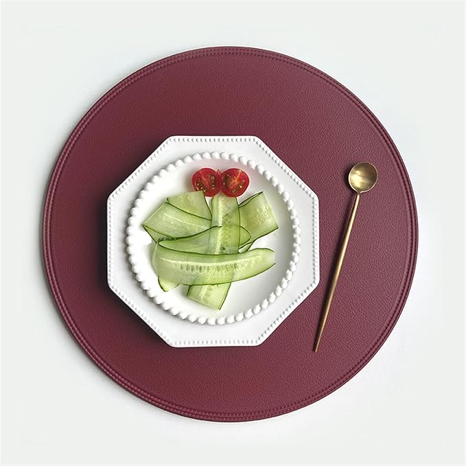Round Leather Placemat for Dining Faux Large Non-Slip Insulation PU Place Mat for Kitchen of Home Waterproof(Red)