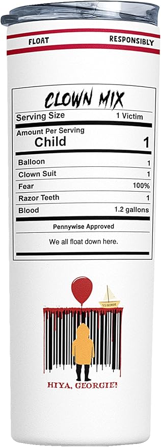 Pennywise Clown Tumbler, Hard Seltzer Horror IT Movie Merchandise, Scary Fan Collectible Birthday Gift, Travel Coffee Tea Drinkware, Insulated Tumbler with Lid and Straw (20 Oz)