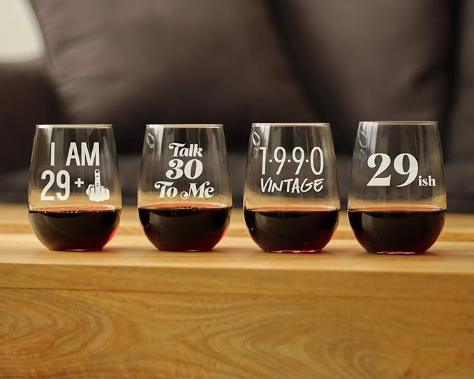29 + 1 Middle Finger - 30th Birthday Stemless Wine Glass for Women & Men - Cute Funny Wine Gift Idea - Unique Personalized Bday Glasses for Best Friend Turning 30 - Drinking Party Decoration