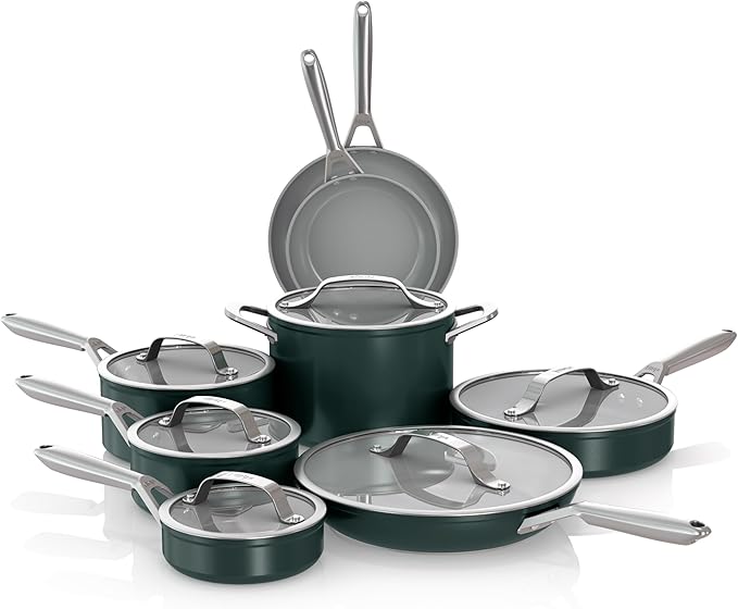 Ninja Ceramic Pro 14-Piece Cookware Set, Non-Stick Pots & Pans Set with Glass Lids, Nontoxic, PTFE Free, Ceramic Coated, Oven Safe, All Stovetops & Induction Compatible, British Racing Green CW39011GN