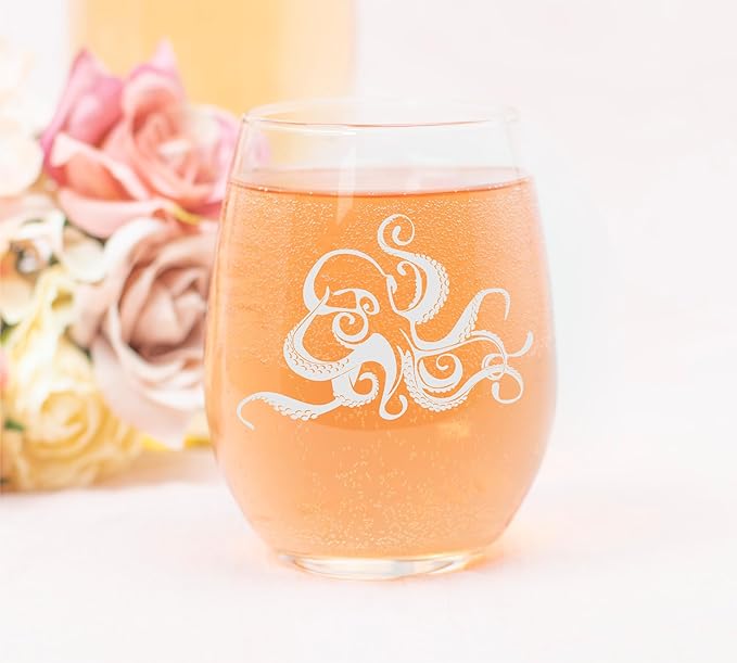 C M Octopus 17 oz Stemless Wine Glass - Octopus Themed Gift for Men and Women