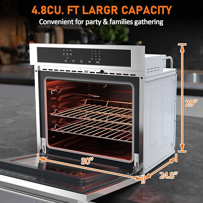 30" Stainless Steel Toaster Oven & 30 Inch Air Fryer Oven Combo: 4.8 Cu.ft Large Capacity with 3D Heating, Digital Touch Panel, and Multi-Function Modes for Countertop or Built-in Installation