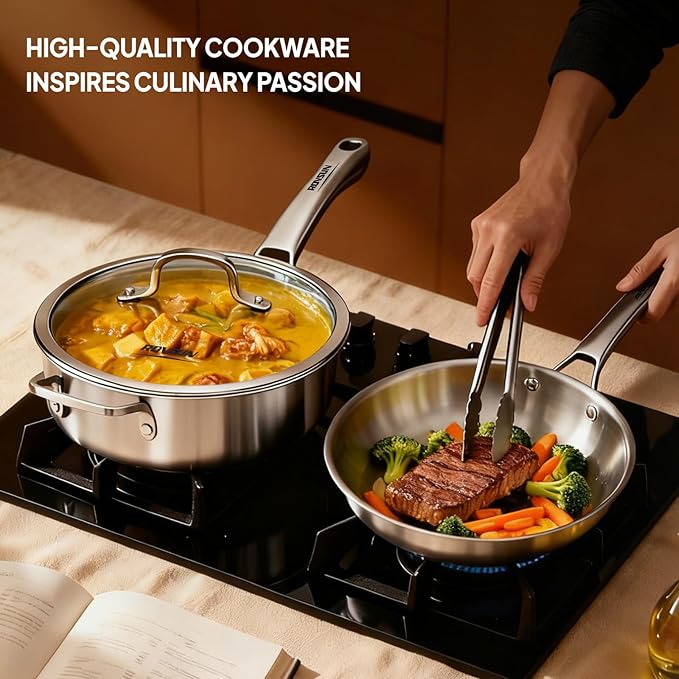 ROVSUN 10-Pcs Stainless Steel Cookware Set, Tri-Ply Pots and Pans Set, Non-Toxic Kitchen Set, PFOA & PTFE Free, Full Clad Frying Pans, Saucepans, Saute Pan & Stock Pot, Compatible for All Cooktops