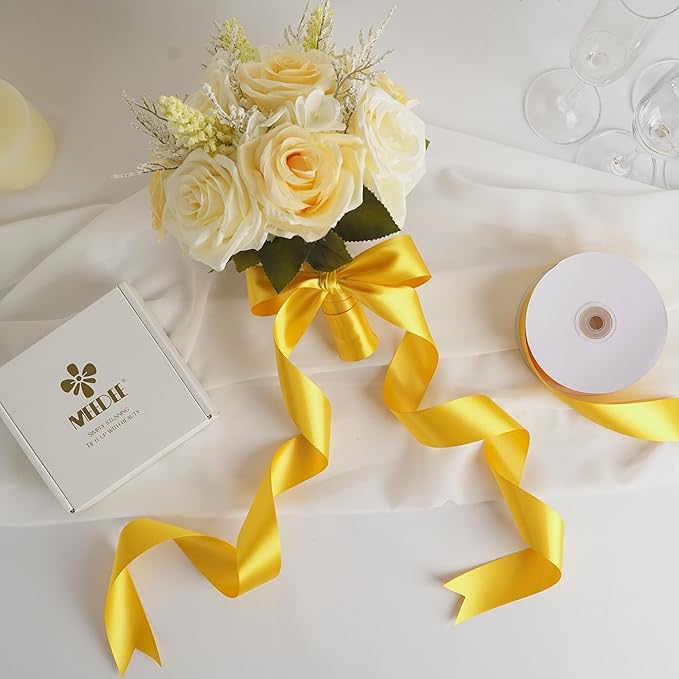 MEEDEE Satin Ribbon - 1.5 inch Yellow Double Faced Satin Ribbon, 50 Yards for Christmas, Thanksgiving, Weddings, Crafts, Flower Bouquets