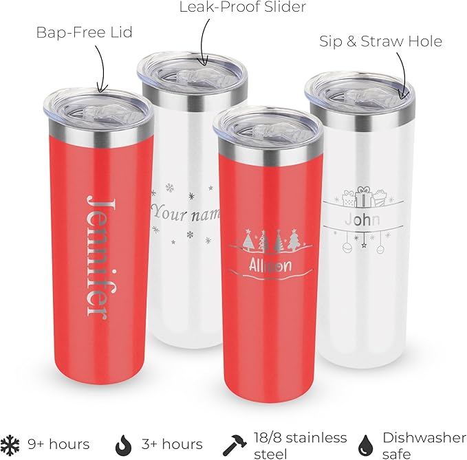 Custom insulated christmas tumbler with lid, personalized 20oz skinny metal powder coated thermo for women men, engraved corporate holiday employee gift thermal cup for coffee & beverages (Christmas)