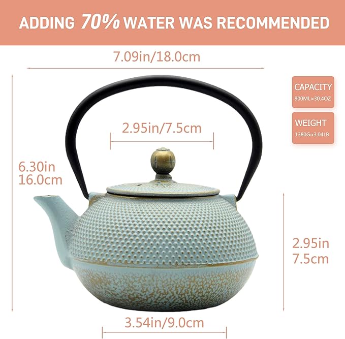 30.4oz Small Cast Iron Teapot, Tea Kettle for Stovetop Safe, Tea Pot with Stainless Steel Infuser for Loose Tea, Japanese Tetsubin Coated with Enameled Interior(900ml)