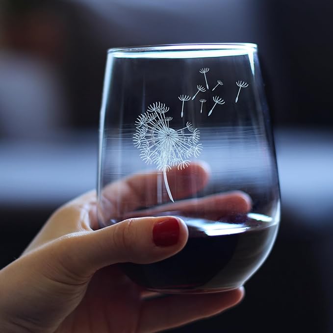 Bevvee Dandelion Stemless Wine Glass - Friendship Gifts and Dandelion Flowers Decor for New Beginnings - Set of 4 - Large 17 Oz Glasses
