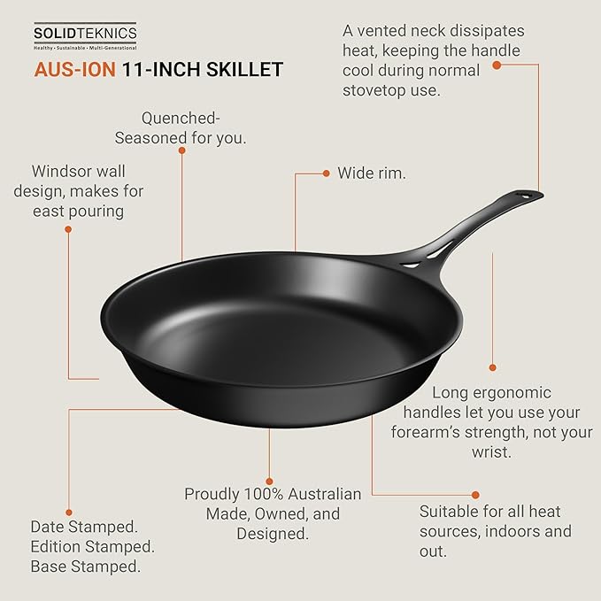 SOLIDTEKNICS AUS-ION 11-inch Lightweight Iron Skillet - Pre-Seasoned, Ideal for Frying, Grilling, Baking - All-Purpose Cookware for Stovetop, Oven, BBQ, Campfire - Australian Kitchen Essential