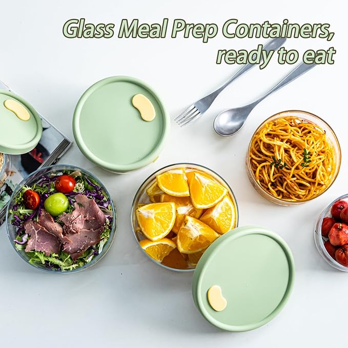 Glass Food Storage Containers with Lids, Leak-Proof BPA Free Round Glass Containers with Lids for Storage soups and leftovers - Microwave, Dishwasher, Freezer Safe (Green 6PCS)