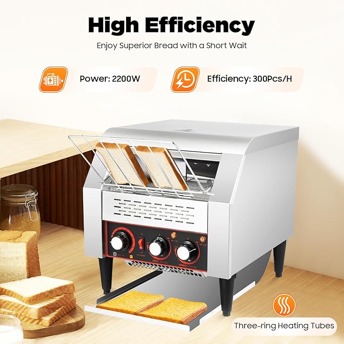 Commercial Conveyor Toaster 300 Slices/Hour, 2200W Heavy Duty Stainless Steel Toaster Oven w/Three-ring Heating Tubes, for Bagel Bread Croissant Bakery Restaurant Cafe