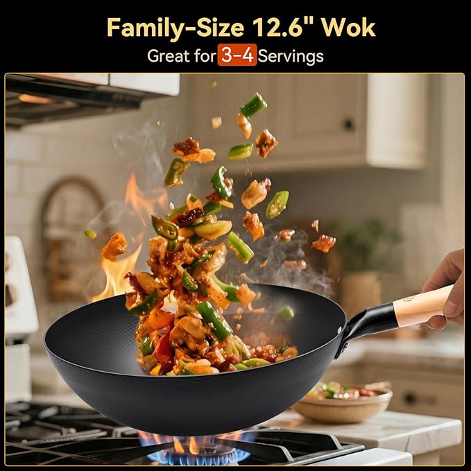 WANGYUANJI Lightweight Carbon Steel Wok with Lid, 12.6" Nitrided Stir Fry Pan - Pre-Seasoned & Rust-Resistant Iron Wok, Flat Bottom for Electric, Induction & Gas Stoves, Easy to Maneuver