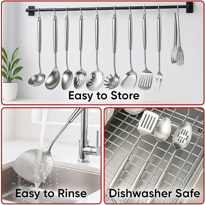 Newness 16 Pcs Cooking Utensils Set, 304 Stainless Steel Kitchen Utensils Set, Metal Kitchen Accessories, Include Soup Ladle, Slotted Skimmer Spoon, Spaghetti Spoon and Spatula, Dishwasher Safe