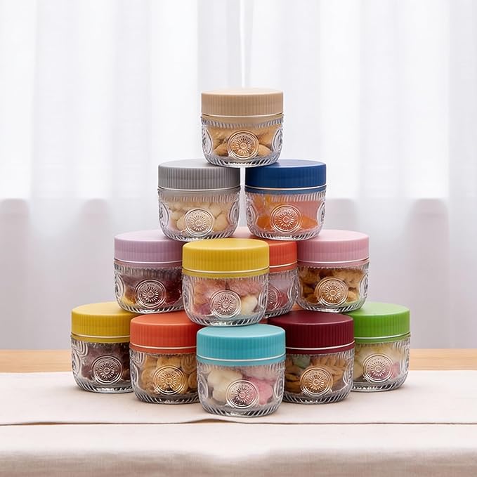 Amzcku 2 oz Mini Glass Mason Jars with Mouth Colored Lids - 24-Pack Glass Canning Jars for Storage, Overnight Oats, Jam, Jelly, Honey, Beans, Spices, Wedding Favors, Shower Favors