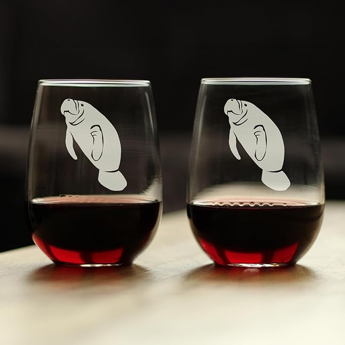Bevvee Manatee Stemless Wine Glass - Funny Ocean Animals Themed Decor and Gifts for Sea Creature Lovers - Set of 2 - Large 17 Oz