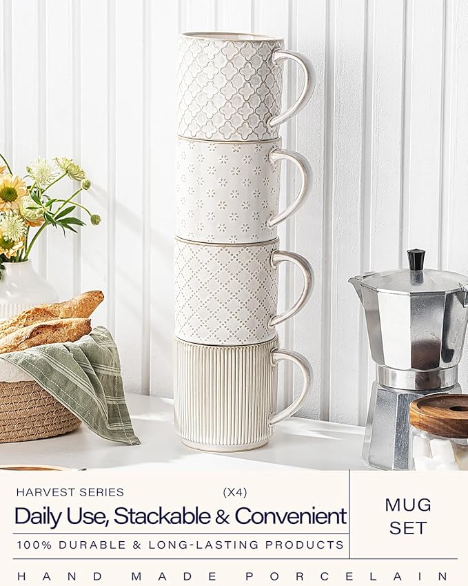 getstar 16oz Large Ceramic Coffee Mugs Set of 4 with Big Handles, Aesthetic Stackable Coffee Cups Stoneware Mug with Embossed Design for Coffee, Tea, Latte, Cappuccino, Dishwasher&Microwave Safe