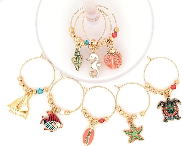 Beach Wine Charms, Beach Gifts, Nautical, Memorial Day, Independence Day Glass Tag Identifiers, Seashell, Starfish, Sea Turtle, and Fish, Party Favors and Party Supplies - 8 piece set By Pixie Wine Charms