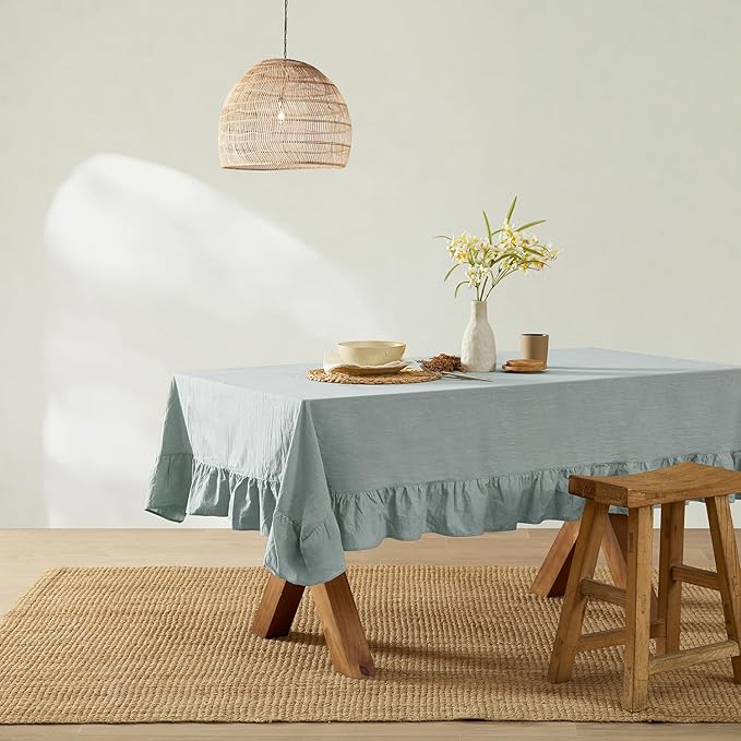 MONDAY MOOSE Ruffle Farmhouse Rustic Rectangle Natural Stonewashed Cotton Tablecloth for Kitchen, Dining Room, Restaurant (60x86 inch, Slate Blue)