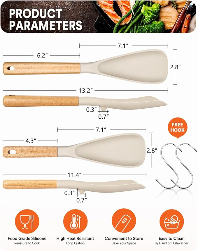 Multifunction Spoon for Nonstick Cookwares, Great for Cooking and Serving, Sturdy BPA-Free Matte Silicone, Wood Handle spoonula for Mixing, Scoop, and Scrape, Khaki(2 pack,11.4" & 13.4")