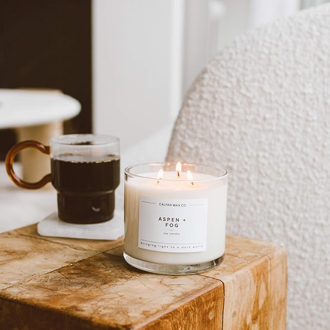 Calyan Wax Co. Aspen & Fog 3 Wick Scented Candle - 43 Hour Burn - Luxury 3 Wick Soy Candles - Non Toxic Soy Wax Candles - Long Lasting Large Glass Jar Candle for Home - 14.9oz