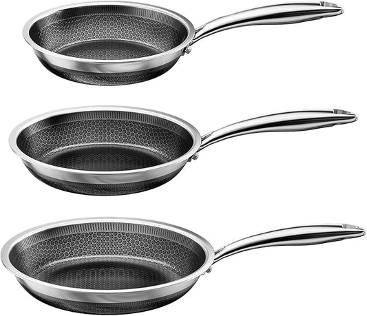 FogDream 8" 10" 12" Non Stick Frying Pans, Stainless Steel Skillet with Lid, Tri-Ply Stainless Steel for All Cooktops, Dishwasher and Oven-Safe Cooking Pan, Stay-Cool Handle, Silver