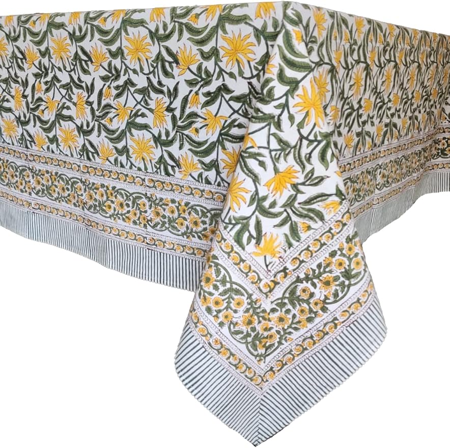 ATOSII Noor 100% Cotton Rectangle Spring Tablecloth, Handblock Floral Print Linen Table Cloth for Kitchen Dining I Parties, Outdoors, Weddings, Easter Holidays I 72 X 140 Inches I 12 Seater