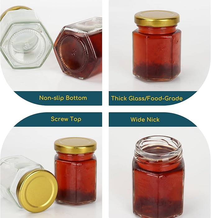 Keketin 3 oz Honey Jars,30 Pack Hexagonal Glass Jars with Gold Lids,90ml Small Canning Jar Mini Storage Glass Jars for Jams,Fruits,Spices,Nuts,Jellies,Baby Foods